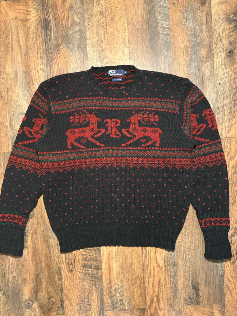 Vintage Polo Ralph Lauren Horse Fair Isle Cotton Sweater Black Red L Hong Kong